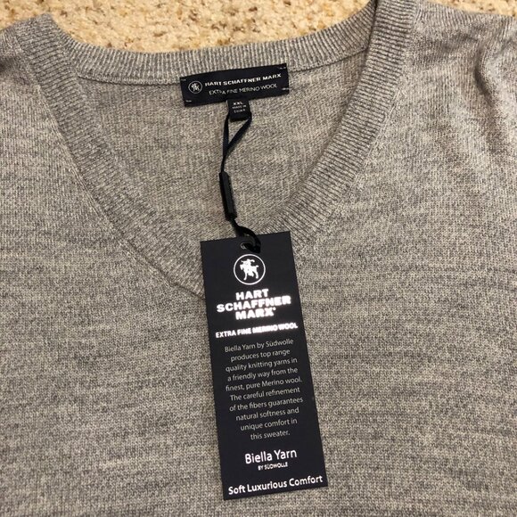 Hart Schaffner Marx Mens V-Neck Sweater Gray Extra Fine Merino Wool XXL NWT - Picture 3 of 7
